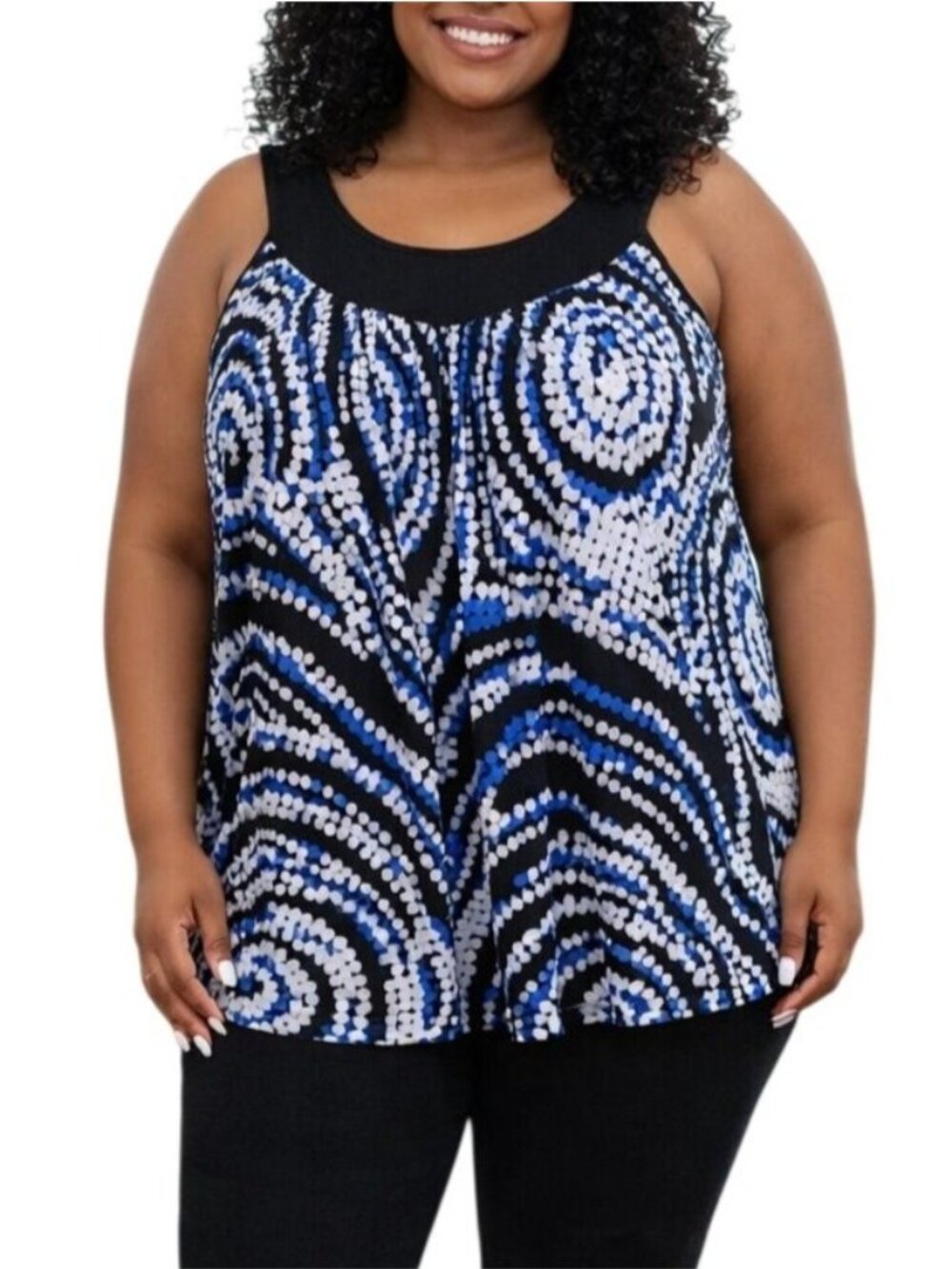Double Take Plus Size 1X Sleeveless Top Black Blue Swirl Print Boho Chic Blouse